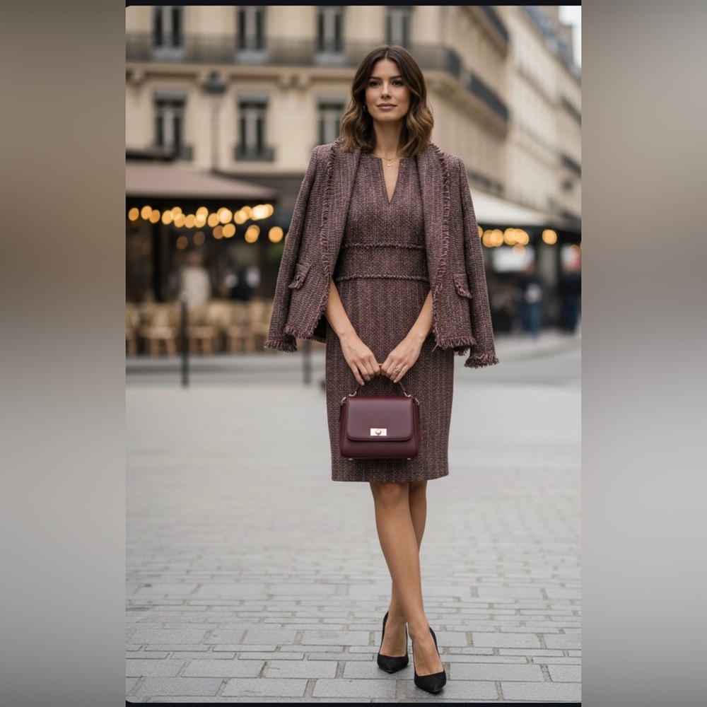 ESCADA Banny Tweed Blazer & Dress Suit 36 Fringe Trim Brown Quite Luxury Suit